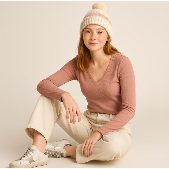 Michael Stars Women’s Thermal Waffle Knit Long Sleeve V-Neck Top Pink Size L - Picture 6 of 7